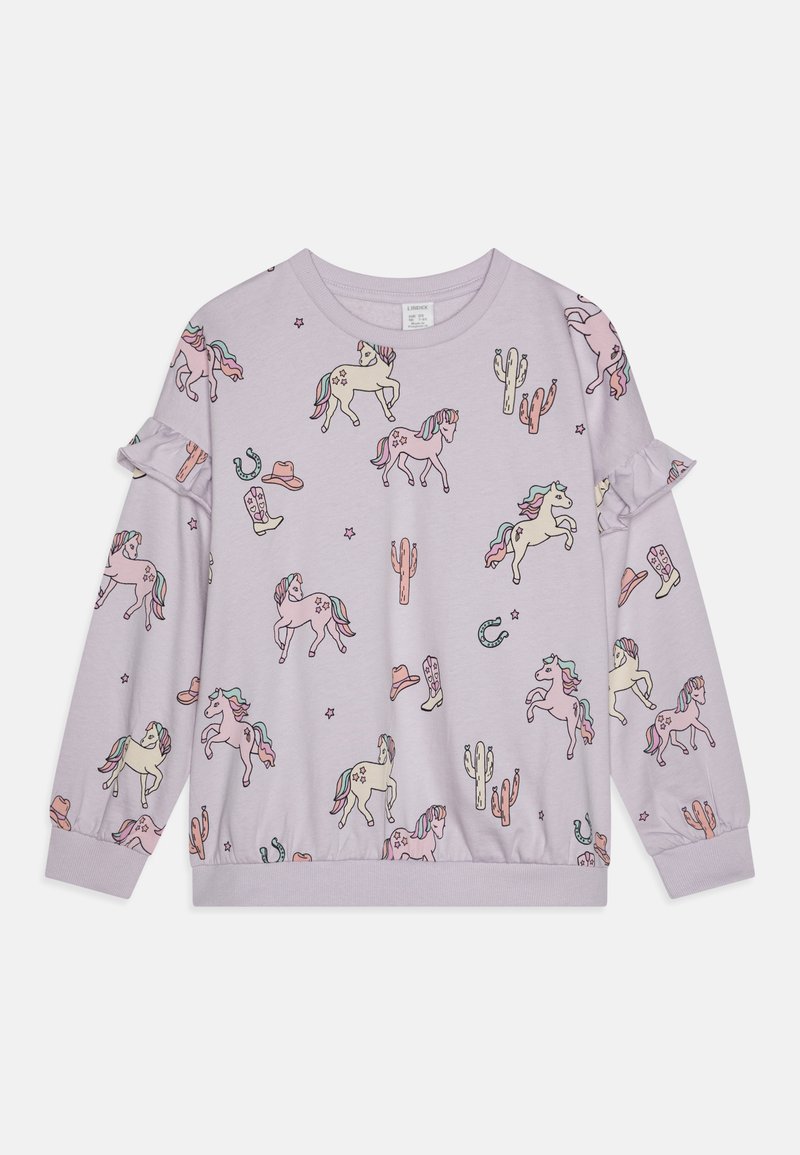 Lillak pikkade varrukatega sviiter rippuvate mansettidega, millel on mänguline trükk ükssarvikutest, kaktustest ja cowboytossudest roosa ja kreemja tooni kombinatsioonis.