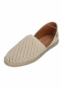 Beige crocheted slip-on shoe with a textured top, jute sole, and smooth interior lining. Features a small logo accent on the side.