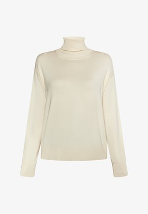 Beige Rollkragenpullover aus weichem Stoff, mit lockerer Passform, überschnittenen Schultern und gerippten Bündchen; minimalistisches Design.