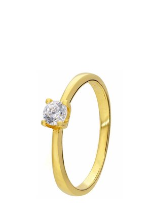 Gold solitaire ring with a round clear diamond held by four prongs on a smooth polished band.