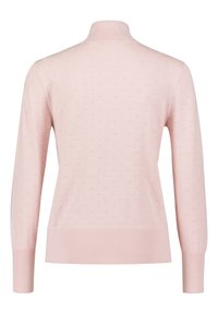 Pull rose pâle à manches longues avec un motif subtil de points texturés, poignets et ourlet côtelés, et col montant, vu de dos.