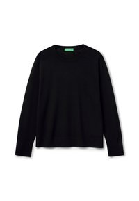 Černý dlouhý rukáv svetr vyrobený z měkkého materiálu. Má kulatý výstřih, žebrované manžety a rovný lem. Jednoduchý, jednobarevný design bez vzorů.