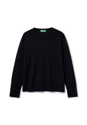 Černý dlouhý rukáv svetr vyrobený z měkkého materiálu. Má kulatý výstřih, žebrované manžety a rovný lem. Jednoduchý, jednobarevný design bez vzorů.