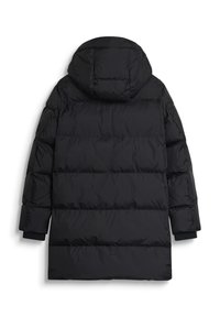 Lungo cappotto in piuma nero con cappuccio, dotato di un design trapuntato, polsini elasticizzati e una linea dritta, realizzato in materiale lucido e isolato.