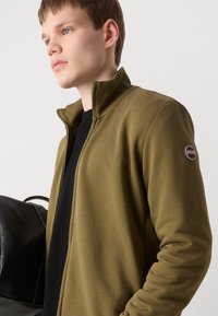 Alyvų žalia zip-up striukė su aukštu apykakle, raukšlėtu apdaila ir apvaliu logotipo pleistru kairėje petyje. Tekstūruotas audinys, prigludusi forma.