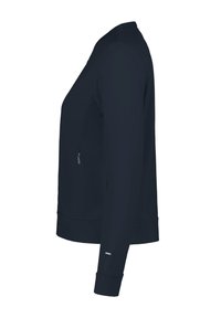 Sweatshirt bleu marine avec col rond, manches longues et poche latérale zippée. Fabriqué dans un matériau lisse et extensible avec une coupe décontractée.