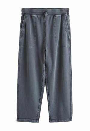 Dunkelgraue, locker sitzende Hose mit elastischem Bund, Kordelzug und zwei Fronttaschen; glatte Textur mit einfachen Steppnähten.