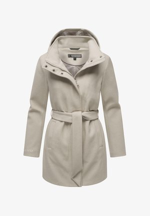 Beige jas met een capuchon, gemaakt van zachte stof. Heeft een rits aan de voorkant, een ceintuur in de taille en twee zijzakken. De binnenvoering is gevoerd.