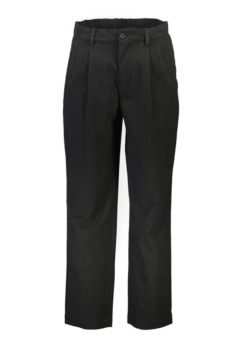 Pantalones negros de tela texturizada, con un corte recto, pliegues en la parte delantera y un cierre de un botón en la cintura.