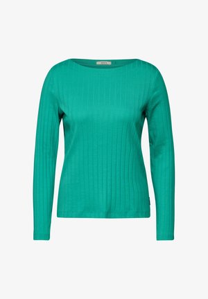 Pitkähihainen paita kirkkaan teal-värissä, jossa on ribbikuviointi ja pyöreä pääntie. Kauluksessa näkyvä etiketti vahvistaa brändin "CECIL."