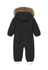 Svart vinteroverall med huva i fuskpäls, elastiska ärmslut och fotremmar. Slät textur, funktionell design för värme och skydd.