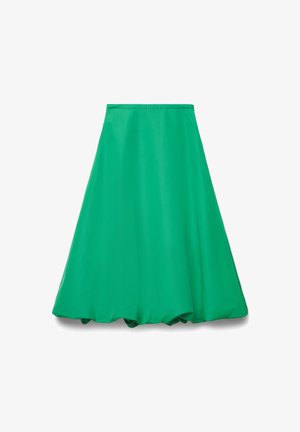 Green A-line skirt made of smooth fabric, featuring a wide waistband and a flowing design that falls below the knee.