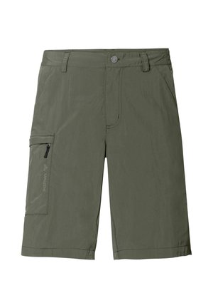 Herenkorte broek in olijfgroen tot aan de knieën, met ritszak aan de zijkant en riemlussen, ontworpen voor buitenactiviteiten en casual gebruik.