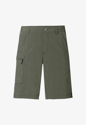 Herenkorte broek in olijfgroen tot aan de knieën, met ritszak aan de zijkant en riemlussen, ontworpen voor buitenactiviteiten en casual gebruik.