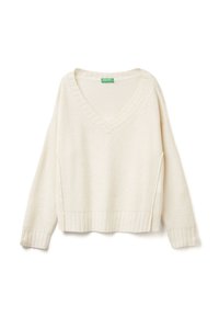 Maglione lavorato a maglia, corto, di colore crema. Presenta un collo a V, polsini e orlo a coste. Motivo strutturato su tutta la superficie, con spacchi laterali per facilitare i movimenti.