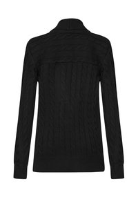 Schwarzer gestrickter Pullover mit einem Kabelmuster, hohem Kragen und langen Ärmeln mit gerippten Bündchen und Saum. Glatte Textur und taillierte Passform.
