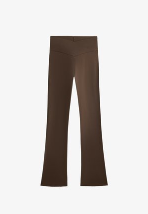 Braune Schlaghosen mit hohem Bündchen und einem Kreuzdesign. Hergestellt aus einem glatten, elastischen Material für Komfort und Passform.
