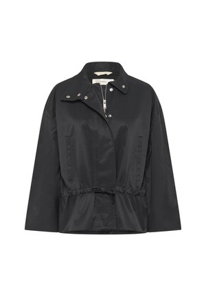 Čierna ľahká bunda so zipsom a zapínaním na patentky, golierom, elastickým pásom a prednými našitými vreckami.