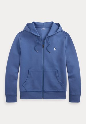 Sweat à capuche bleu zippé avec cordons, poches avant et petit logo blanc Polo Ralph Lauren sur la poitrine gauche.