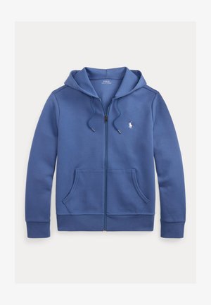 Niebieska bluza z kapturem na zamek, ze ściągaczami, kieszeniami z przodu i małym białym logo Polo Ralph Lauren na lewej piersi.