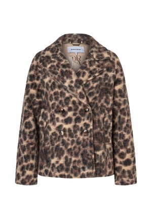 Leopard print coat in soft, textured fabric. Double-breasted design with dark buttons, wide lapels, and a cropped silhouette.