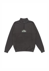 Sweatshirt gris avec un col haut, fermeture éclair demi-longueur et deux poches latérales. Présente un petit logo sur la zone de la poitrine.