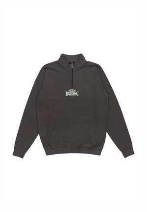 Gray pullover sweatshirt with a high collar, half-zip, and two side pockets. Features a small logo design on the chest area.