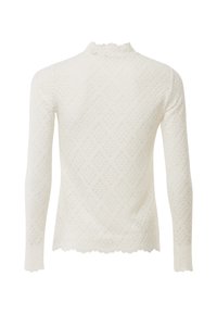 Top bianco a maniche lunghe in pizzo con bordi a onde sui polsini, sull'orlo e sul collo alto, caratterizzato da un motivo in pizzo a forma di diamante.