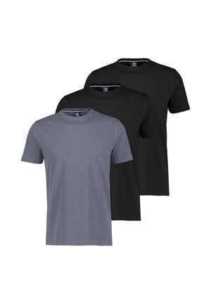 Drei schlichte T-Shirts mit kurzen Ärmeln und Rundhalsausschnitt, zwei in Schwarz und eines in Grau, überlappend auf einem weißen Hintergrund angeordnet.