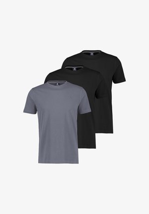 Drei schlichte T-Shirts mit kurzen Ärmeln und Rundhalsausschnitt, zwei in Schwarz und eines in Grau, überlappend auf einem weißen Hintergrund angeordnet.