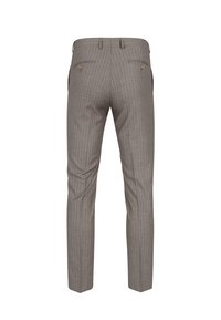 Szare wąskie spodnie w paski, o dopasowanym fasonie, z teksturowanej tkaniny, dwiema tylnymi kieszeniami z guzikami oraz subtelnymi akcentami po bokach.
