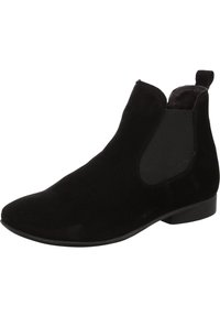 Schwarze Wildleder-Ankleboots mit elastischen Seitenpanelen, spitzer Zehenform und einer flachen, niedrigen Sohle. Minimalistisches Design ohne sichtbare Beschläge oder Muster.