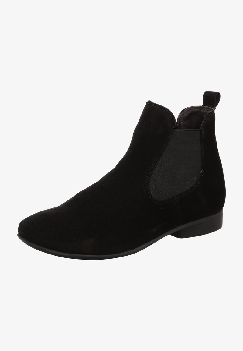Schwarze Wildleder-Ankleboots mit elastischen Seitenpanelen, spitzer Zehenform und einer flachen, niedrigen Sohle. Minimalistisches Design ohne sichtbare Beschläge oder Muster.