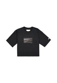Schwarzes Baumwoll-T-Shirt mit einem rechteckigen Grafikdesign, das den Text "BAD DAYS" und ein Landschaftsbild zeigt. Kurze, weite Ärmel und ein Rundhalsausschnitt.