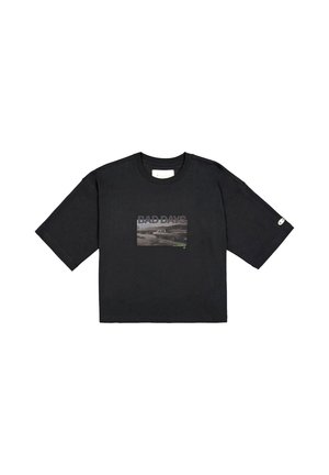 Zwarte katoenen T-shirt met een rechthoekige grafiek waarop de tekst "BAD DAYS" staat en een landschap afbeelding. Korte, brede mouwen en een ronde hals.