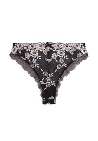 Zwarte kanten string met een bloemenpatroon, gegolfde randen en een klein satijnen strikje aan de voorkant. Zachte, gedetailleerde textuur en doorzichtig materiaal.