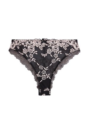 Schwarzer Spitzen-String mit floralem Muster, gewellten Kanten und einer kleinen Satin-Schleife an der Vorderseite. Weiche, detaillierte Textur und durchsichtiges Material.