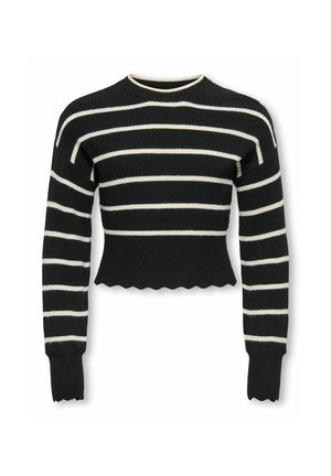 Pull en maille côtelée noir, court, avec des rayures horizontales blanches, un ourlet festonné et des manches longues ajustées.