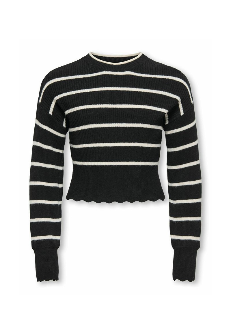 Maglione cropped a coste nere con strisce orizzontali bianche, orlo scallop e maniche lunghe aderenti.