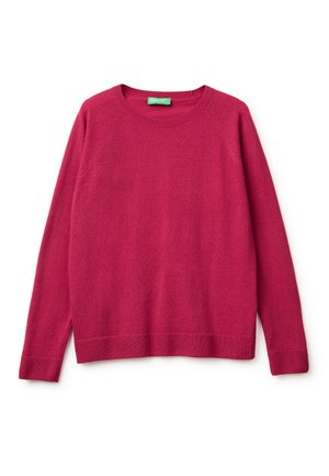 Maglione fucsia realizzato in materiale morbido, con scollatura rotonda, maniche lunghe, polsini a coste e una vestibilità comoda.