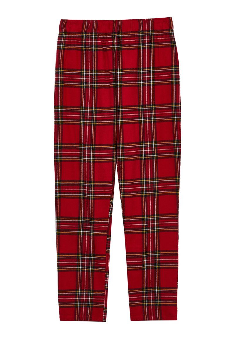 Pantaloni a quadri rossi con vita elastica, caratterizzati da strisce orizzontali e verticali bianche, verdi e nere su tutta la stoffa.