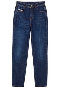 Mörkblå denimjeans med rak benpassform. Har synlig söm, framficka och en metallknappsstängning i midjan.