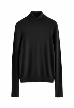 Black turtleneck sweater made of smooth knit fabric. Features long sleeves and a ribbed collar and hem. No patterns or embellishments.