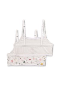 Twee zachte katoenen bralettes in het wit. De ene heeft een bloemenpatroon met roze en groene accenten, terwijl de andere volledig wit is met verstelbare bandjes.