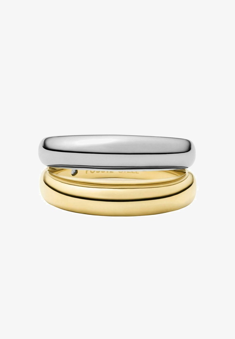 Twee gladde ringen op elkaar gestapeld; één zilver en één goud. Beide hebben een afgerond ontwerp met gepolijste oppervlakken en een plat profiel.