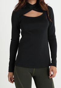 Top nero a maniche lunghe con scollo alto e scollatura sul petto, caratterizzato da un tessuto testurizzato e una silhouette aderente.