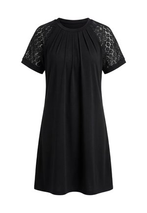 Robe noire à manches courtes avec manches en dentelle, col rond et détail plissé à l'avant, longueur genou et coupe ample.