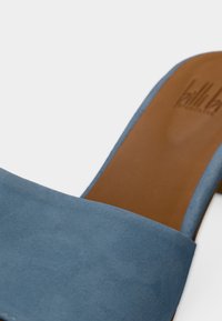 Κοντινό πλάνο μπλε σουέντ σανδάλια mule με ανοιχτά δάχτυλα, ταμπά πάτο και τακούνι τύπου block.