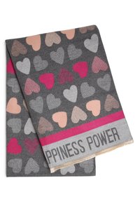 Écharpe grise pliée avec des rangées de cœurs rose, beige et gris, une bande rose, et le texte partiel « HAPPINESS POWER » le long du bord.