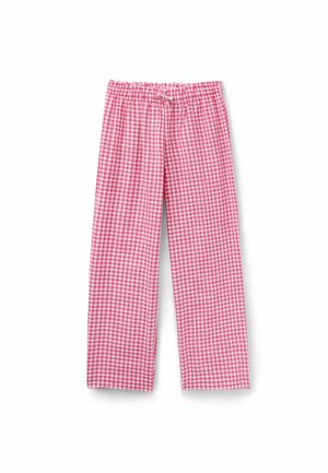 Różowo-białe piżamowe spodnie w kratę gingham, z elastycznym pasem i sznurkiem z przodu.